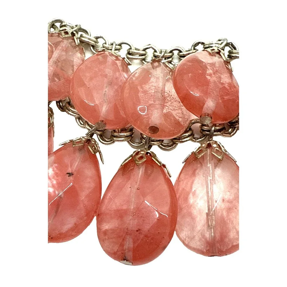 Rose Quartz Bib Necklace Double Strand Teardrop Dangle Stone Bead Statement 18